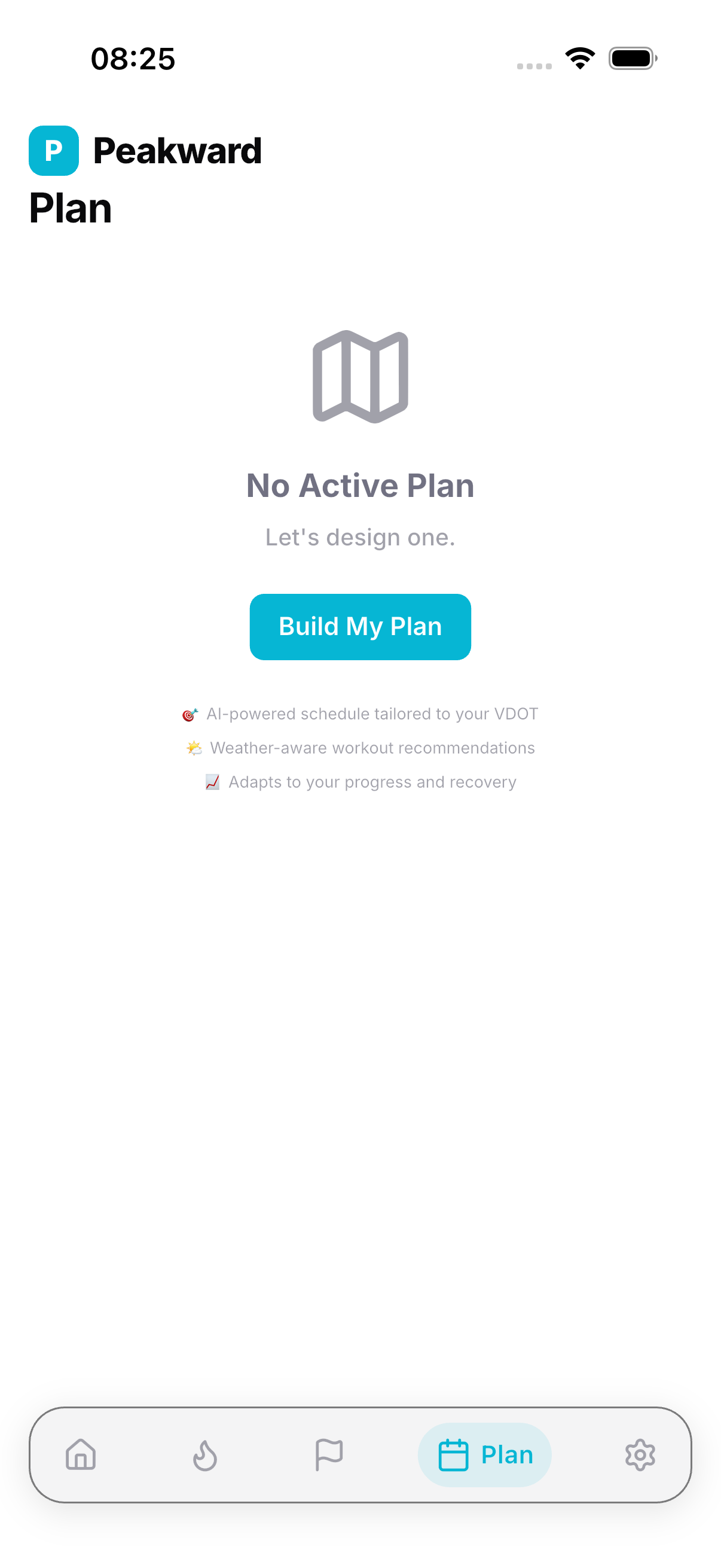 Peakward weekly plan screen