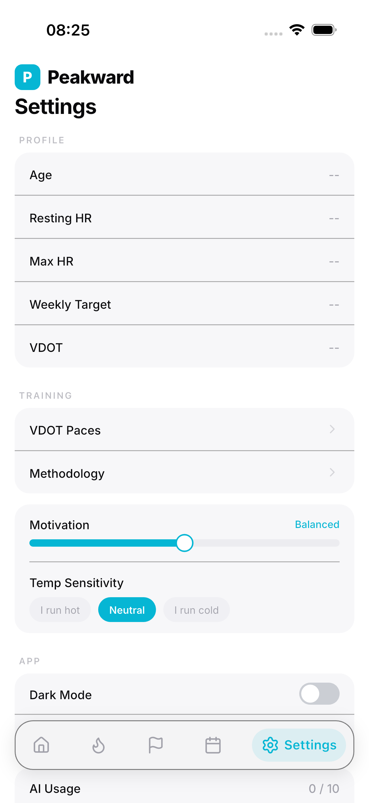 Peakward settings and integrations screen